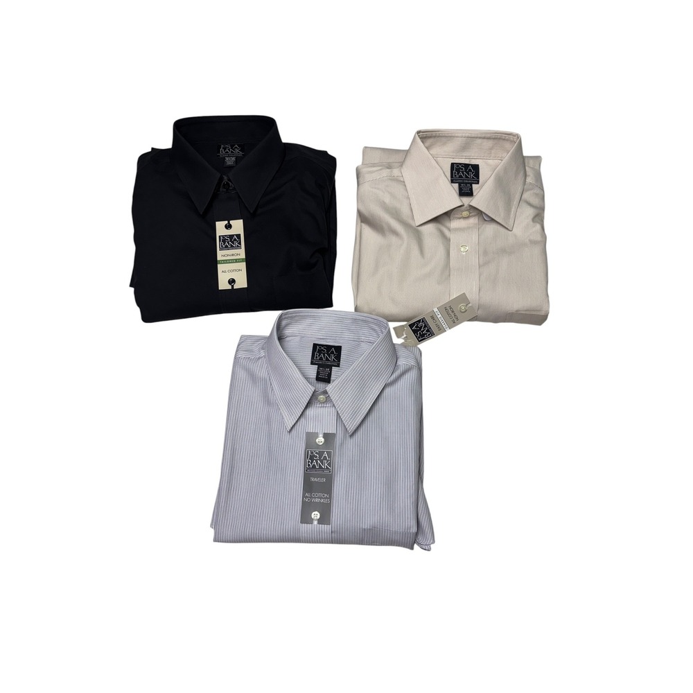 NWT Lot of 3 Jos. A. Bank Mens Dress Shirts 16.5 35 Cotton Non-Iron Black Grey